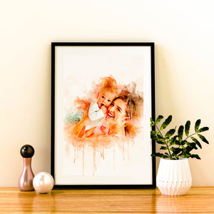 Custom watercolor portrait of baby and mother smiling . Could be a perfect gift for Mother's Day or a Birthday Gift